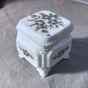 Westmoreland Milk Glass Trinket Box, Hand Painted, Sugared Floral, Vintage